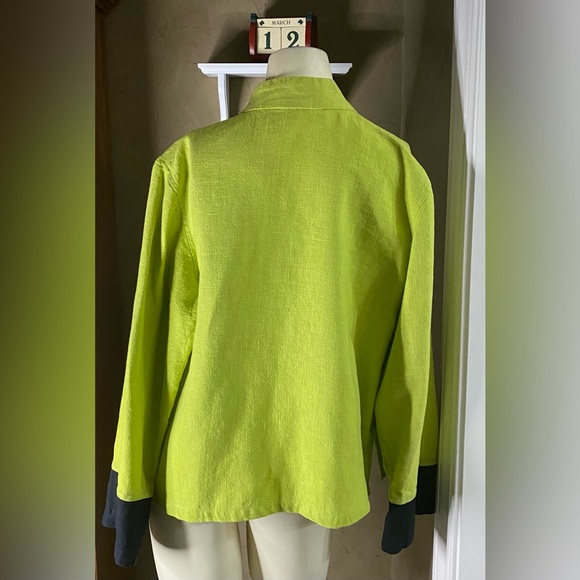 Peacock Ways 100% Linen Blazer Asian Coin Trim Jacket Pockets Lime Green/Black - Picture 2 of 11
